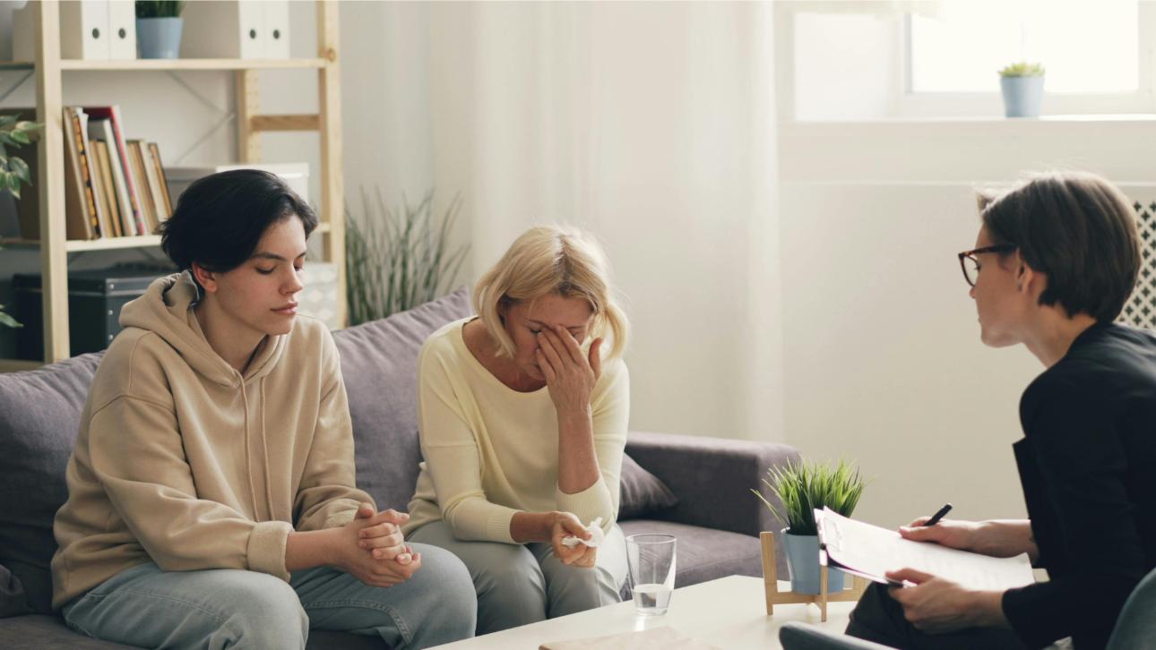 Therapist speaks with distressed clients